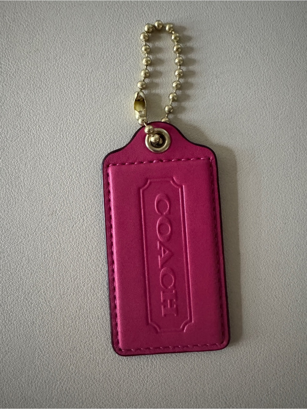 Vintage large Coach Pink Leather Tag Keychain with Gold Chain